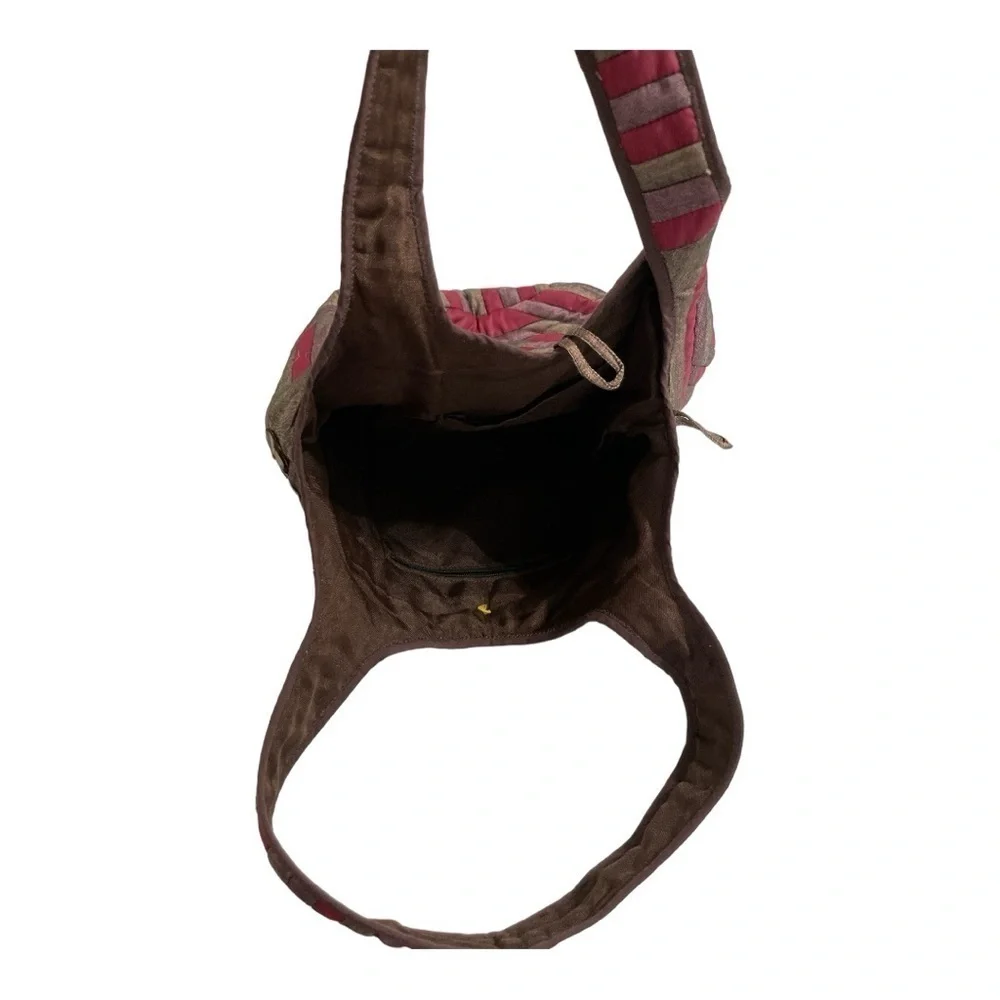Boho Quilted Silk Shoulder Bag | Red Brown Patchwork Hobo | Coconut Button
